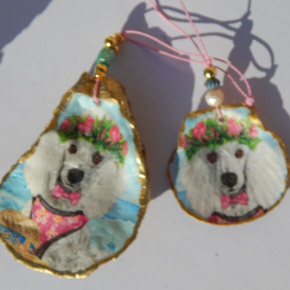 Set of 2 White Poodle - Oyster & Scallop Shell - Decoupage Ornaments - Picture 2 of 3